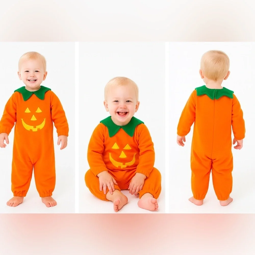 Halloween Pumpkin Costume Toddler 24 Mos Orange One Piece Snap Closure Fleece